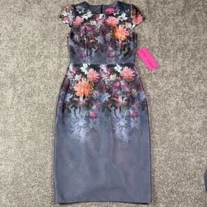 Vtg Betsey Johnson Dress Womens 4 Gray Pink Daisies Flowers Pencil Scuba Small